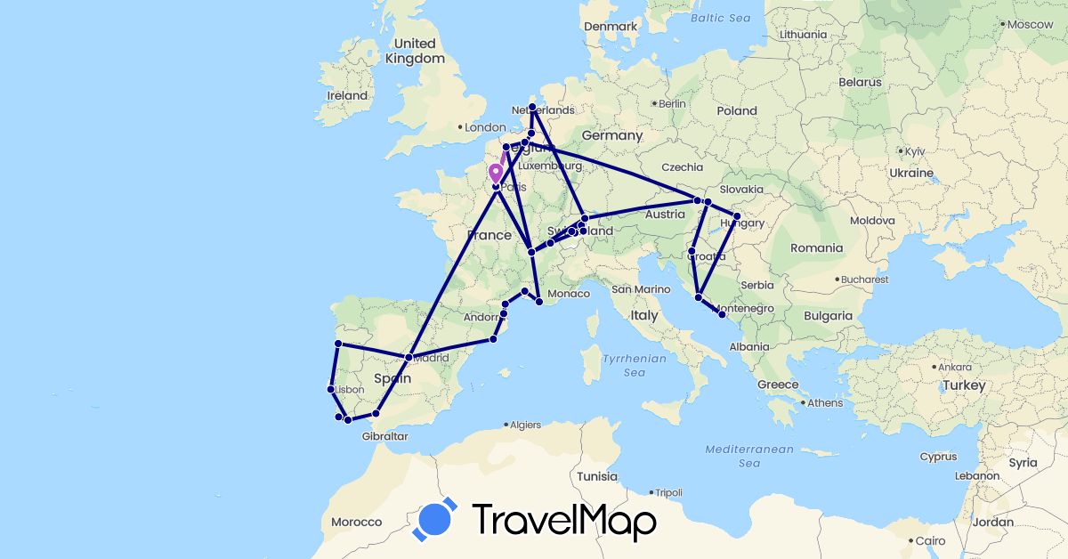 TravelMap itinerary: driving, train in Austria, Belgium, Switzerland, Spain, France, Croatia, Hungary, Netherlands, Portugal, Slovakia (Europe)